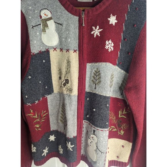 Croft & Barrow Maroon Embroidered Winter Theme Snowman Full Zip Sweater sz XL - Picture 2 of 10